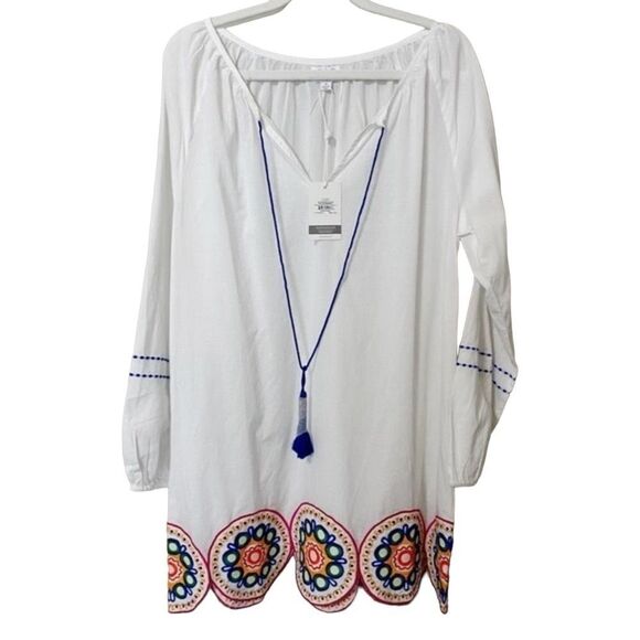 Mud pie White Blue Embroidered V-Neck Monaco Tunic top coverup Size Small NWT - Picture 5 of 12